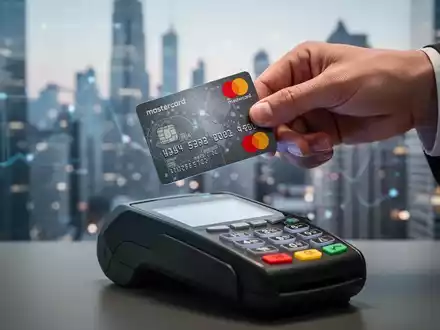 Eine Hand hält eine Mastercard-Kreditkarte über ein modernes Zahlungsterminal mit einer verschwommenen Stadtkulisse im Hintergrund. - Foto: über boerse-global.de