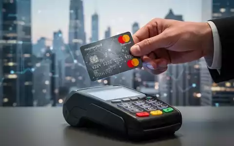 Eine Hand hält eine Mastercard-Kreditkarte über ein modernes Zahlungsterminal mit einer verschwommenen Stadtkulisse im Hintergrund. - Foto: über boerse-global.de