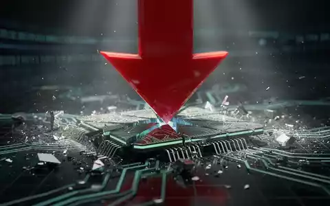 Ein roter Pfeil durchbohrt einen zerbrochenen Mikrochip vor einem dunklen, digitalen Hintergrund, der einen Rückgang in der Technologiebranche symbolisiert. - Foto: über boerse-global.de