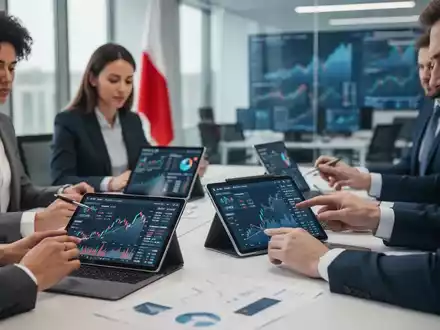 Finanzexperten arbeiten in einem modernen Büro in Warschau, mit digitalen Finanzdaten auf Bildschirmen und der polnischen Flagge im Hintergrund. - Foto: über boerse-global.de