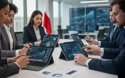 Finanzexperten arbeiten in einem modernen Büro in Warschau, mit digitalen Finanzdaten auf Bildschirmen und der polnischen Flagge im Hintergrund. - Foto: über boerse-global.de