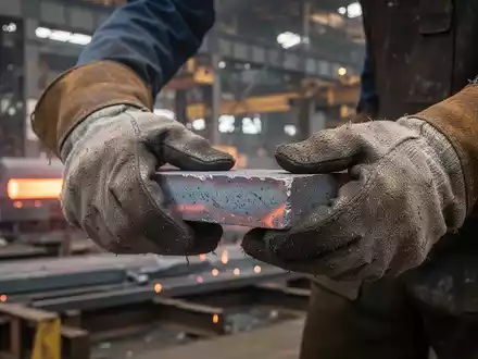 Nahaufnahme der behandschuhten Hände eines Stahlarbeiters, der ein Stück Rohstahl hält, mit einem verschwommenen Hintergrund eines Stahlwerks. - Foto: über boerse-global.de