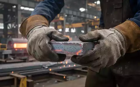 Nahaufnahme der behandschuhten Hände eines Stahlarbeiters, der ein Stück Rohstahl hält, mit einem verschwommenen Hintergrund eines Stahlwerks. - Foto: über boerse-global.de