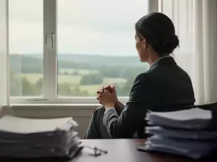 Eine Therapeutin steht nachdenklich vor einem Fenster und blickt auf eine ruhige Landschaft, die Ruhe und Selbstreflexion symbolisiert. - Foto: über boerse-global.de