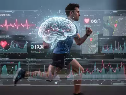 A glowing AI brain interface superimposed on a transparent screen displaying a runner's fitness data, with a blurred runner in the background. - Foto: über boerse-global.de