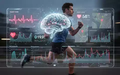 A glowing AI brain interface superimposed on a transparent screen displaying a runner's fitness data, with a blurred runner in the background. - Foto: über boerse-global.de