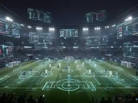 A futuristic football stadium at night, with glowing holographic tactical diagrams and live scores projected onto the field. - Foto: ĂŒber boerse-global.de