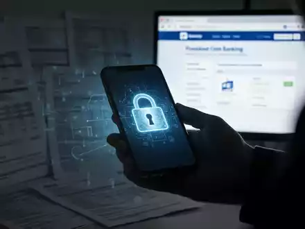 Eine Hand hält ein Smartphone, das ein digitales Schlosssymbol auf Finanzdokumente und einen Computerbildschirm projiziert, der eine betrügerische Online-Banking-Oberfläche zeigt. - Foto: über boerse-global.de