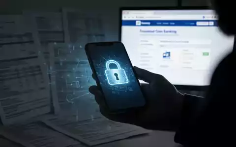 Eine Hand hält ein Smartphone, das ein digitales Schlosssymbol auf Finanzdokumente und einen Computerbildschirm projiziert, der eine betrügerische Online-Banking-Oberfläche zeigt. - Foto: über boerse-global.de
