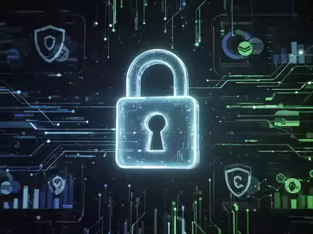 Ein stilisiertes, leuchtendes Vorhängeschloss-Symbol über einer digitalen Schnittstelle mit Datenströmen und Zahlungssymbolen. - Foto: über boerse-global.de
