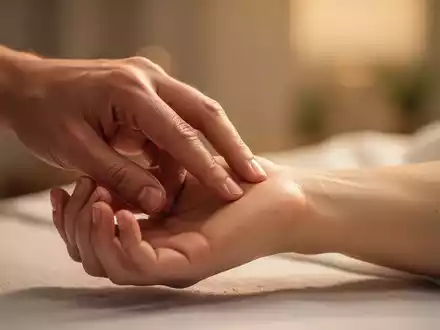 Nahaufnahme einer Hand, die sanft einen Akupressurpunkt am Handgelenk einer anderen Person drückt, mit beruhigendem Hintergrund. - Foto: über boerse-global.de