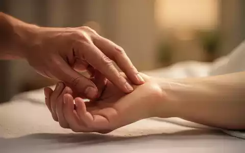 Nahaufnahme einer Hand, die sanft einen Akupressurpunkt am Handgelenk einer anderen Person drückt, mit beruhigendem Hintergrund. - Foto: über boerse-global.de