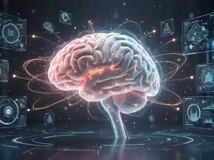 Ein stilisiertes, leuchtendes Gehirnmodell, verbunden mit abstrakten Datenpunkten und digitalen Oberflächen, symbolisiert kognitives Training und Forschung. - Foto: über boerse-global.de