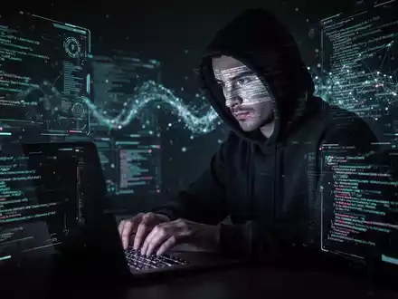 A shadowy figure in a hoodie typing on a laptop, surrounded by glowing digital interfaces, symbolizing cybercrime and digital threats. - Foto: über boerse-global.de