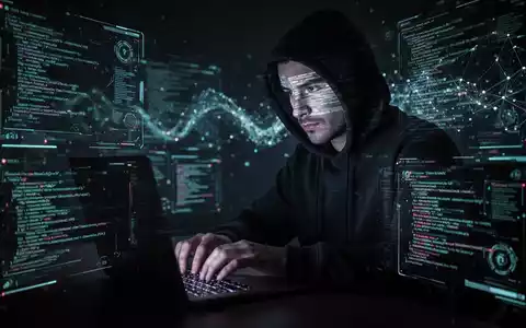 A shadowy figure in a hoodie typing on a laptop, surrounded by glowing digital interfaces, symbolizing cybercrime and digital threats. - Foto: über boerse-global.de