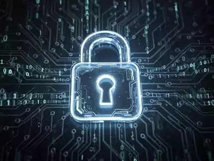 A glowing, futuristic padlock icon over a circuit board, with binary code flowing. Represents digital security and updates. - Foto: über boerse-global.de
