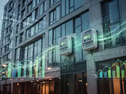 Eine moderne Gebäudefassade mit smarten Energiezählern und abstrakten Datenströmen, die Energieeffizienz und digitale Überwachung symbolisieren. - Foto: über boerse-global.de