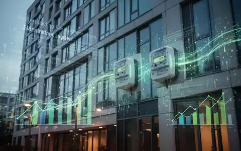 Eine moderne Gebäudefassade mit smarten Energiezählern und abstrakten Datenströmen, die Energieeffizienz und digitale Überwachung symbolisieren. - Foto: über boerse-global.de