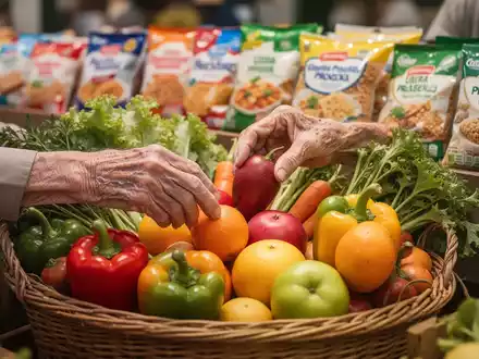 Ăltere HĂ€nde wĂ€hlen frisches Obst und GemĂŒse, wĂ€hrend im Hintergrund verschwommene, verarbeitete Lebensmittel zu sehen sind. - Foto: ĂŒber boerse-global.de