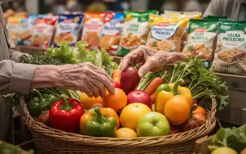 Ăltere HĂ€nde wĂ€hlen frisches Obst und GemĂŒse, wĂ€hrend im Hintergrund verschwommene, verarbeitete Lebensmittel zu sehen sind. - Foto: ĂŒber boerse-global.de