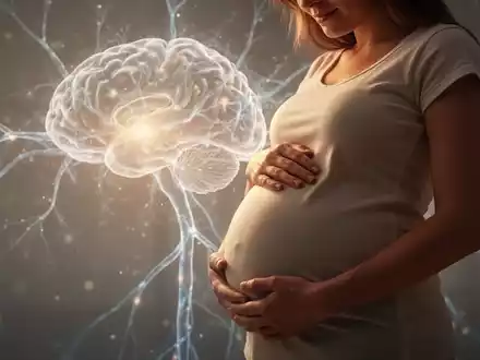 Eine schwangere Frau berührt ihren Bauch, mit einer abstrakten Darstellung von Gehirnaktivität im Hintergrund, die Gesundheit und kognitive Entwicklung symbolisiert. - Foto: über boerse-global.de