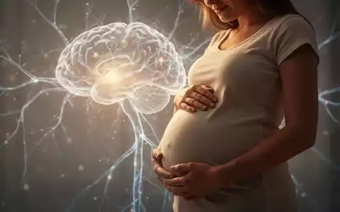 Eine schwangere Frau berührt ihren Bauch, mit einer abstrakten Darstellung von Gehirnaktivität im Hintergrund, die Gesundheit und kognitive Entwicklung symbolisiert. - Foto: über boerse-global.de