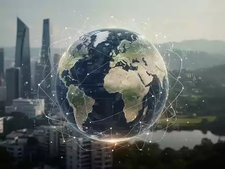 Ein stilisierter Globus mit überlagerten Linien und Datenpunkten vor einer verschwommenen Stadt- und Naturlandschaft. - Foto: über boerse-global.de