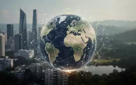 Ein stilisierter Globus mit überlagerten Linien und Datenpunkten vor einer verschwommenen Stadt- und Naturlandschaft. - Foto: über boerse-global.de