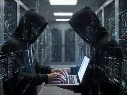 Eine Person mit Kapuzenpulli tippt auf einem Laptop, umgeben von digitalen Schnittstellen und Datenströmen in einem Serverraum. - Foto: über boerse-global.de