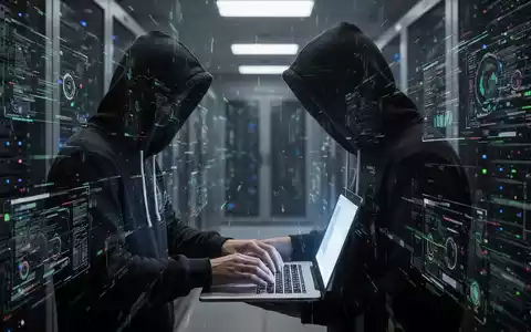 Eine Person mit Kapuzenpulli tippt auf einem Laptop, umgeben von digitalen Schnittstellen und Datenströmen in einem Serverraum. - Foto: über boerse-global.de