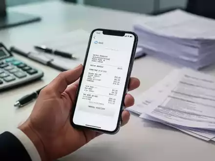Eine Hand hält ein Smartphone mit einer digitalen Quittung, im Hintergrund unscharf ein Schreibtisch mit Taschenrechner und Dokumenten. - Foto: über boerse-global.de