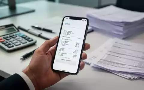 Eine Hand hält ein Smartphone mit einer digitalen Quittung, im Hintergrund unscharf ein Schreibtisch mit Taschenrechner und Dokumenten. - Foto: über boerse-global.de