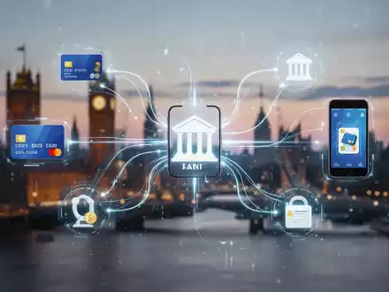 Digital payment interface with glowing lines connecting financial icons, symbolizing competition in UK payments. London skyline in background. - Foto: über boerse-global.de