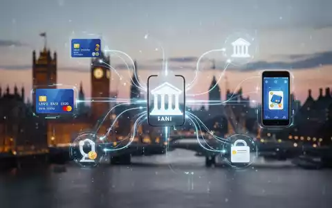 Digital payment interface with glowing lines connecting financial icons, symbolizing competition in UK payments. London skyline in background. - Foto: über boerse-global.de
