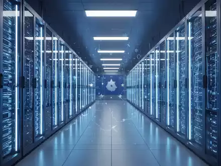 A secure, futuristic European data center with glowing blue server racks, representing cloud and AI sovereignty. - Foto: ĂŒber boerse-global.de