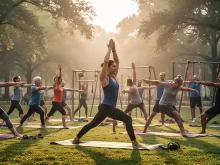 Eine vielfältige Gruppe von Menschen jeden Alters nimmt an einem Outdoor-Fitnesskurs in einem Park bei Sonnenaufgang teil. - Foto: über boerse-global.de