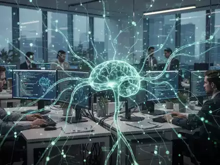 Ein abstraktes Bild, das ein leuchtendes neuronales Netzwerk über einer modernen Büroumgebung darstellt, das Wissensmanagement und KI symbolisiert. - Foto: über boerse-global.de