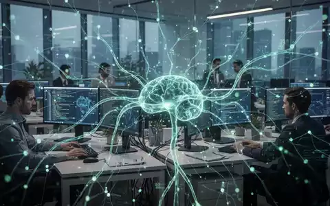 Ein abstraktes Bild, das ein leuchtendes neuronales Netzwerk über einer modernen Büroumgebung darstellt, das Wissensmanagement und KI symbolisiert. - Foto: über boerse-global.de
