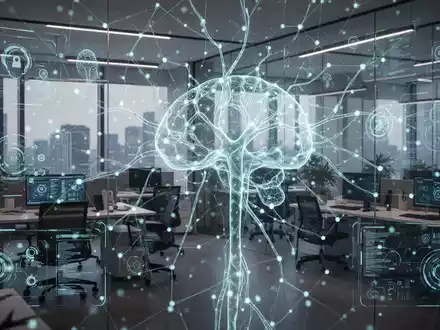 Ein abstraktes, leuchtendes neuronales Netz, das sich über eine moderne Büroumgebung legt und digitale Schnittstellen zeigt. - Foto: über boerse-global.de
