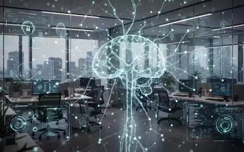 Ein abstraktes, leuchtendes neuronales Netz, das sich über eine moderne Büroumgebung legt und digitale Schnittstellen zeigt. - Foto: über boerse-global.de