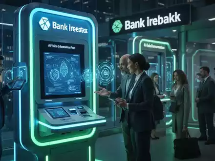 A customer interacts with a futuristic bank information point, symbolizing AI and human support in banking. - Foto: über boerse-global.de