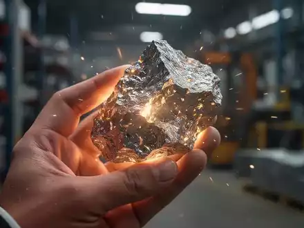 Nahaufnahme einer Hand, die eine leuchtende Materialprobe vor einem unscharfen Industriehintergrund hält. - Foto: über boerse-global.de