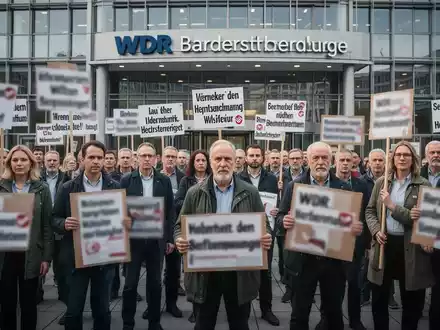 Mitarbeiter des WDR streiken vor einem modernen Rundfunkgebäude. Sie halten Schilder mit unscharfem Text. - Foto: über boerse-global.de