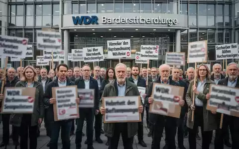 Mitarbeiter des WDR streiken vor einem modernen Rundfunkgebäude. Sie halten Schilder mit unscharfem Text. - Foto: über boerse-global.de