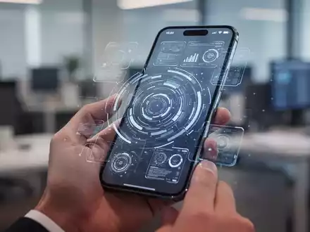 A hand holds a modern smartphone with a transparent, futuristic interface displaying digital information, set against a blurred office background. - Foto: über boerse-global.de