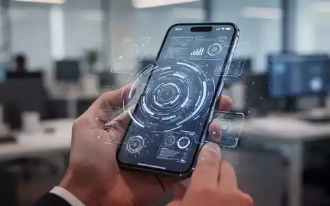 A hand holds a modern smartphone with a transparent, futuristic interface displaying digital information, set against a blurred office background. - Foto: über boerse-global.de