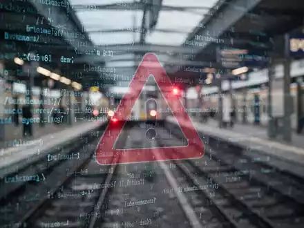 Abstrakte Darstellung digitaler Datenströme mit einem Warnsymbol, das auf eine Datenpanne im öffentlichen Nahverkehr hinweist. - Foto: über boerse-global.de