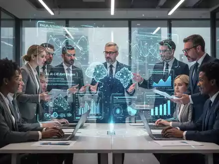 Geschäftsleute diskutieren um ein holografisches Display, das KI-Algorithmen und Compliance-Daten anzeigt, symbolisch für den EU AI Act. - Foto: über boerse-global.de