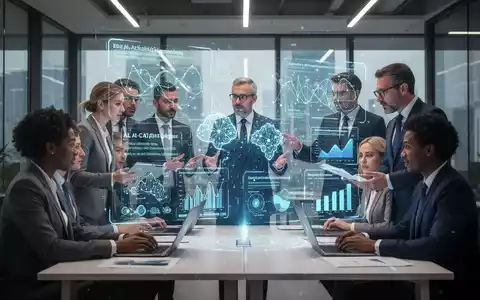 Geschäftsleute diskutieren um ein holografisches Display, das KI-Algorithmen und Compliance-Daten anzeigt, symbolisch für den EU AI Act. - Foto: über boerse-global.de