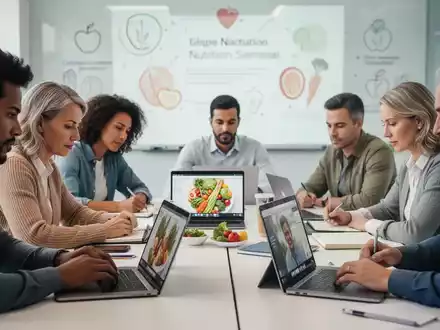 Eine Gruppe von Erwachsenen nimmt an einem Online-Seminar zu Ernährungsthemen teil, einige machen sich Notizen vor Laptops und Tablets. - Foto: über boerse-global.de
